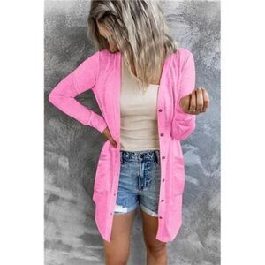 New Women's Open Front Lightweight Cardigan Long Sleeve, Pink
